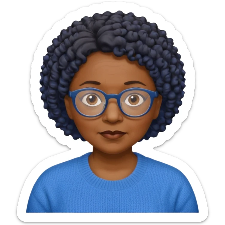 Old black woman, solemn, wearing glasses and blue sweater, short curly hair sticker