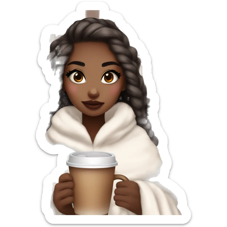 Cute girl with makeup and big giant fake eyelashes with a cozy aesthetic white and brown plaid blanket and hot coca sticker