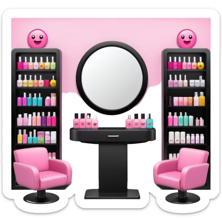 big beauty salon showcase with well-organized brand-labeled beauty products on a white shelves, emoji style, with a nearby hairstylist chair in pink color and a big mirror, different chair color sticker