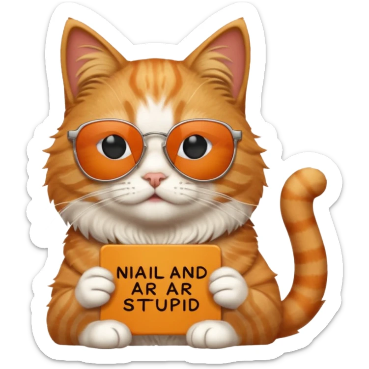 Cat wearing sunglasses and he has a sign on top of him saying "niall and arhaan are stupid" sticker