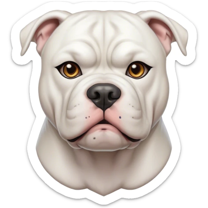 Cinematic Noble White American Bulldog Portrait Emoji, Poised and regal, with a powerful, muscular build and a sleek, well-groomed pure white coat, deep-set soulful brown eyes, Simplified yet sharp and sophisticated features, highly detailed, glowing with a soft, dignified glow, high shine, intelligent and loyal, stylized with an air of strength, focused and attentive, soft glowing outline, capturing the essence of a watchful and confident guardian, so majestic it feels as though it could step out of the screen with effortless authority! sticker