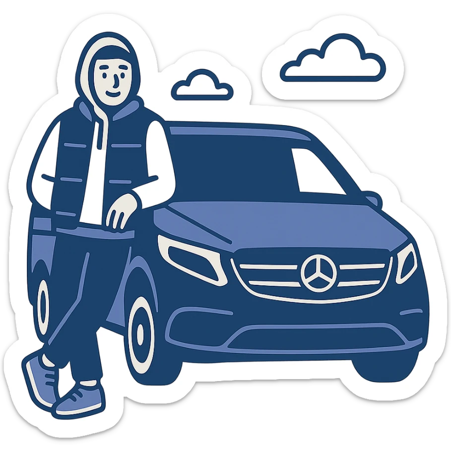 minimal flat icon style of a guy in a white hoodie, black vest, and sneakers, leaning on a black Mercedes V-Class van sticker