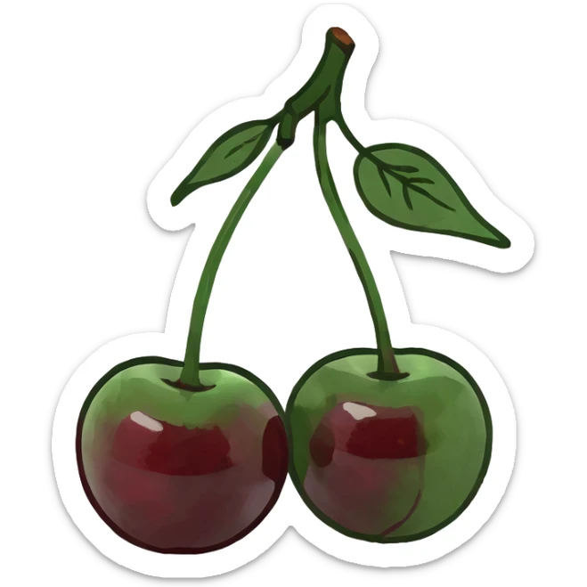 3D style pair of deep burgundy cherries with green stem, rich dark red color sticker