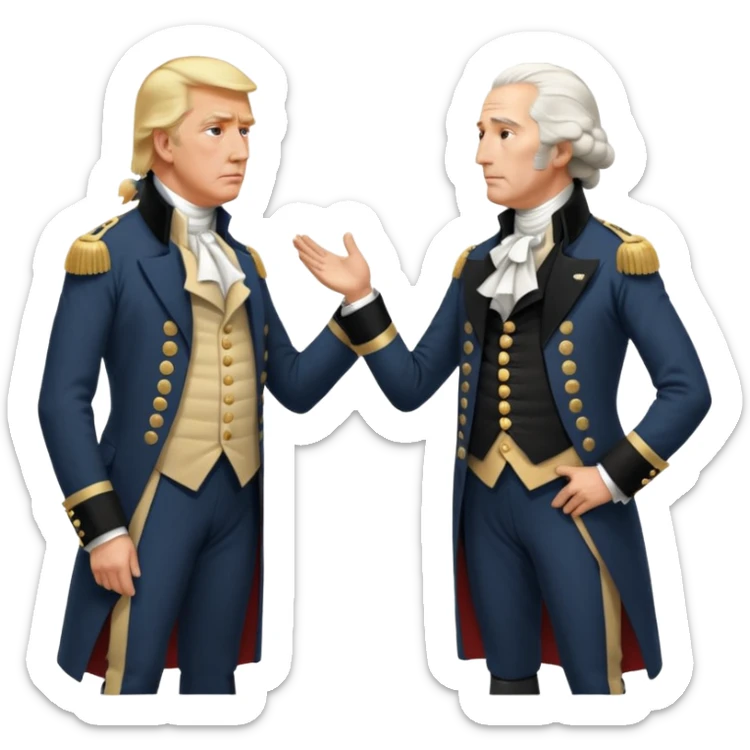 “Donald Trump and George Washington facing each other. Trump in a modern suit, visibly shocked. George Washington in colonial uniform, calm and silent. Realistic style, cinematic lighting.” sticker