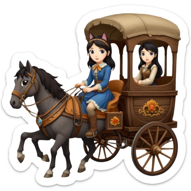  Rustic wood detailed 1854 pretty dark-haired Catgirl driving a huge horse-drawn stagecoach Caravan alone on a bumpy scary trail in the woods  sticker