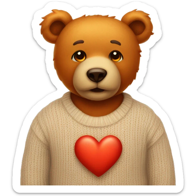 Orange eyes teddy bear wearing a beige sweater with a red heart in the middle sticker