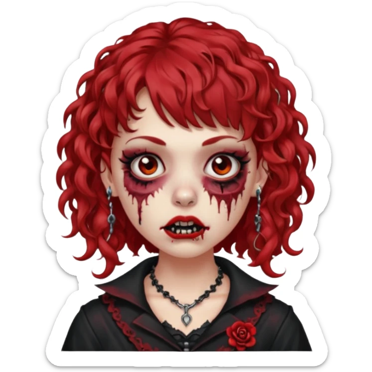 zombie girl red hair cacheado médio e franja, com piercings na boca, nariz e sobrancelha,  roupa gótica  sticker