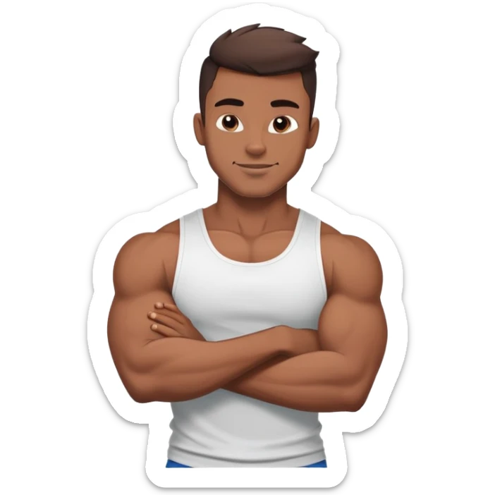 Handsome muscular boyfriend with defined abs, wearing a tank top, strong jawline, darkerr skin, charming smirk, flexing arm, sticker