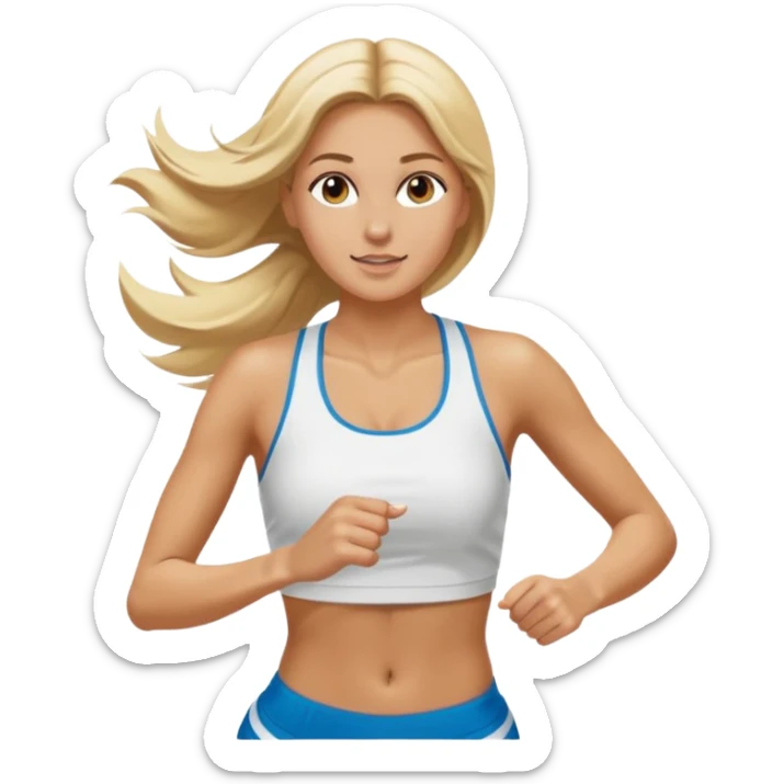 Mujer color de piel moreno, con cabello rubio largo, lacio y suelto, bonita, nariz respingada, corriendo con ropa deportiva color blanco  sticker
