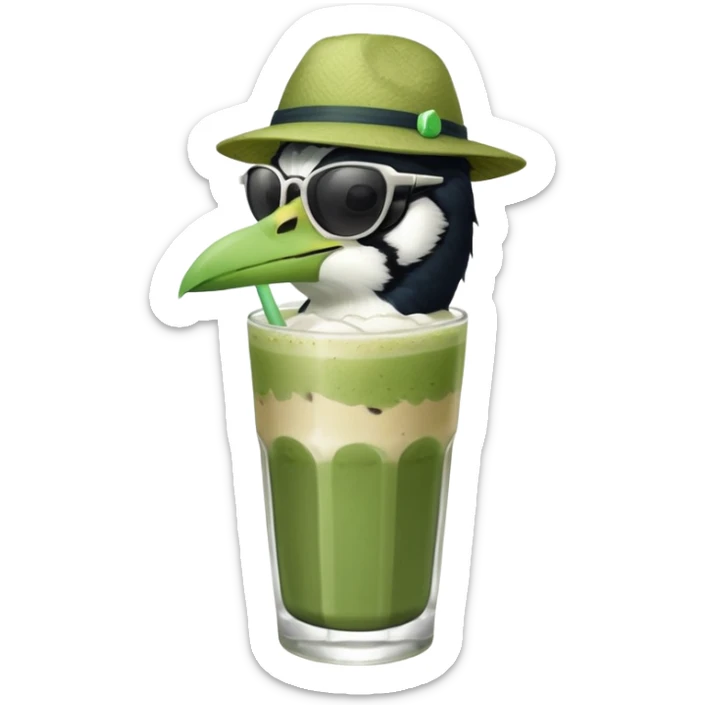 It’s an Australien Magpie sitting on an iced matcha latte on the edge of the glass. It has green matcha on its beak indicating it drank. The iced matxha latte is in a see through glass and white from the oat milk on the bottom and green on top…and there is a straw in the drink and ice cubes sticker