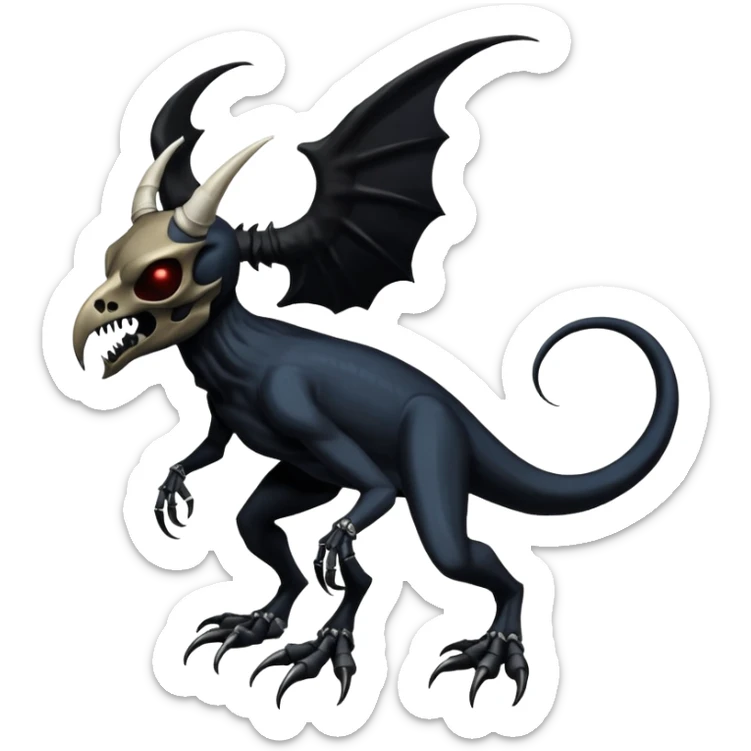 Shiny Dark Edgy  Duskull-Salandit-Inteleon-Amaura-Fakémon-hybrid-creature (full body) with a horned bird-skull-mask sticker