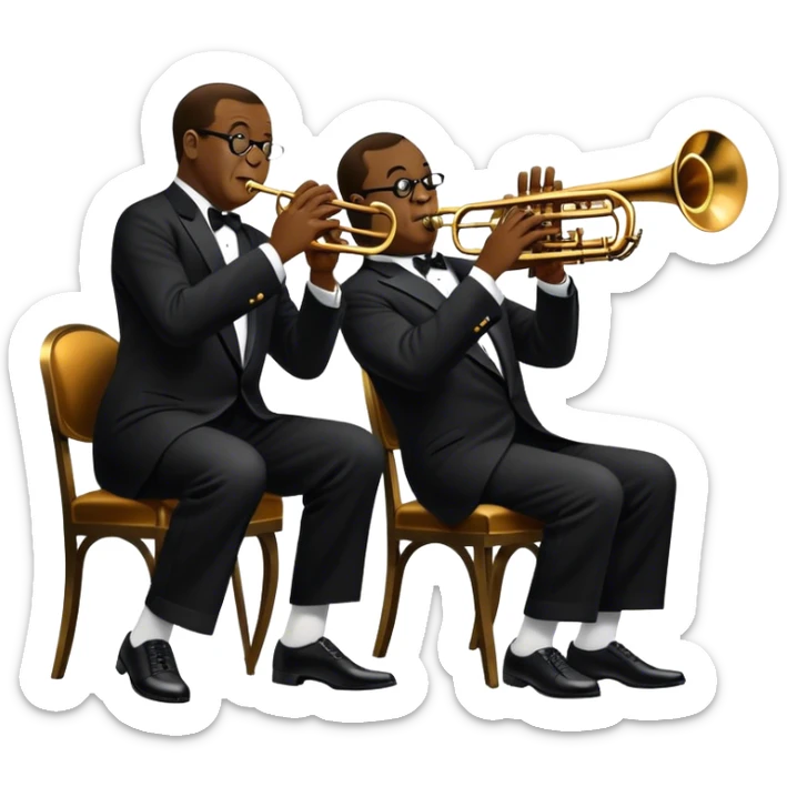 Icon for Jazz Music: collage of Louis Armstrong with his trumpet and Glenn Miller with his orchestra. Silhouettes of musicians, brass instruments, and musical notes. The design should convey the classic, smooth vibe of jazz. Transparent background. sticker
