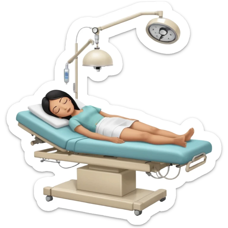 A black-haired woman in her 50s lying on an examination bed with eyes closed, shown in a wide, full-body shot in a clean colonoscopy procedure room. Only the patient is visible. sticker