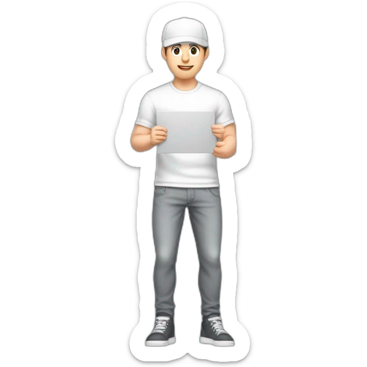 Pale skinned fit Man with dark brown hair in a white cap, gray jeans and gray polo T-shirt keeping a pasted with tape white box into his hands sticker