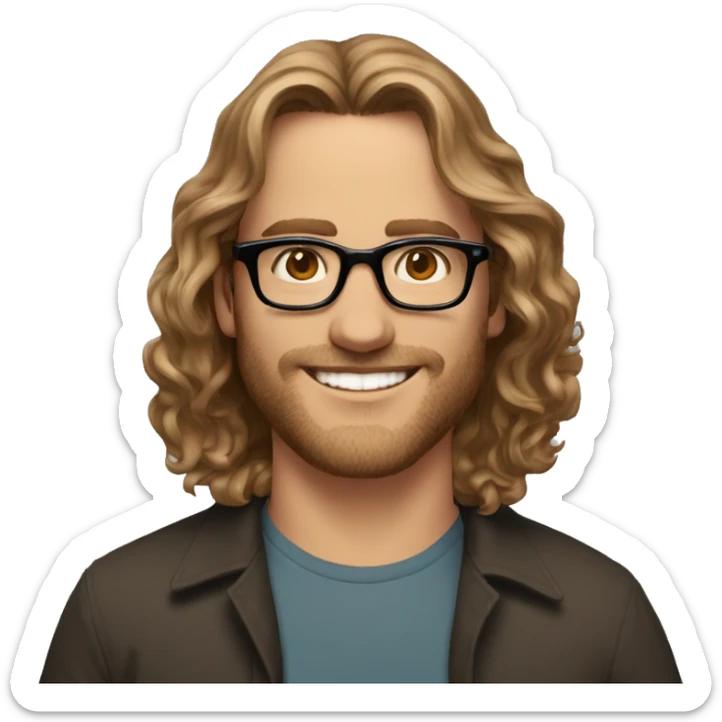 35 year old guy caucasien coming from south of france, brown and curling mid long hair, trend black glasses, smiling sticker