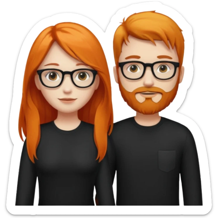 girl with long orange hair wearing no glasses and all black clothes and holding hands with boy with black hair and beard and glasses and pale skin sticker