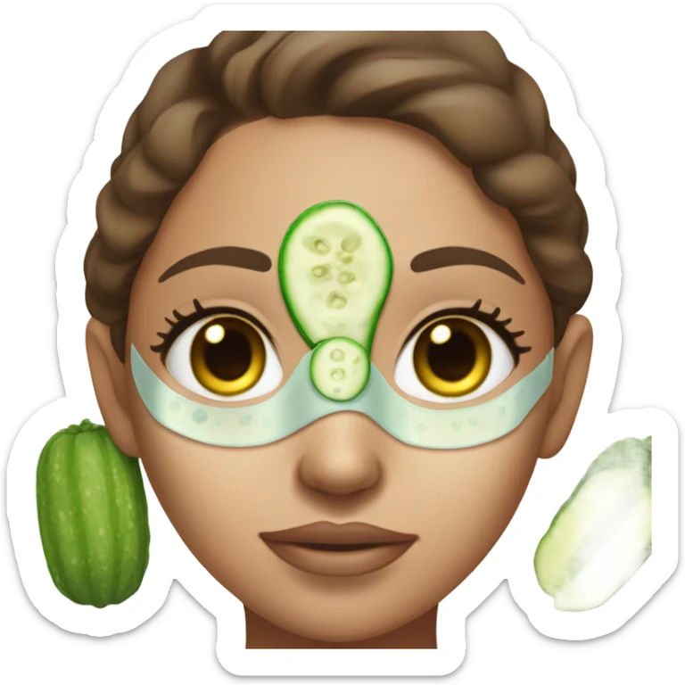 Girl with freackles Brown hair and white skin blue eyes wears skin care mask Thats Green and pickle on her closed eyes sticker