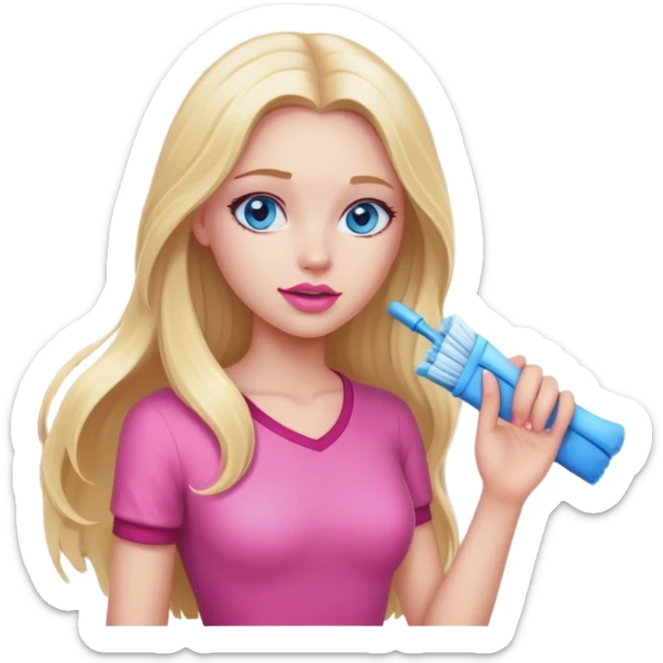 A cinematic realistic blonde with long hair, blue eyes and pink lips cleans a room sticker