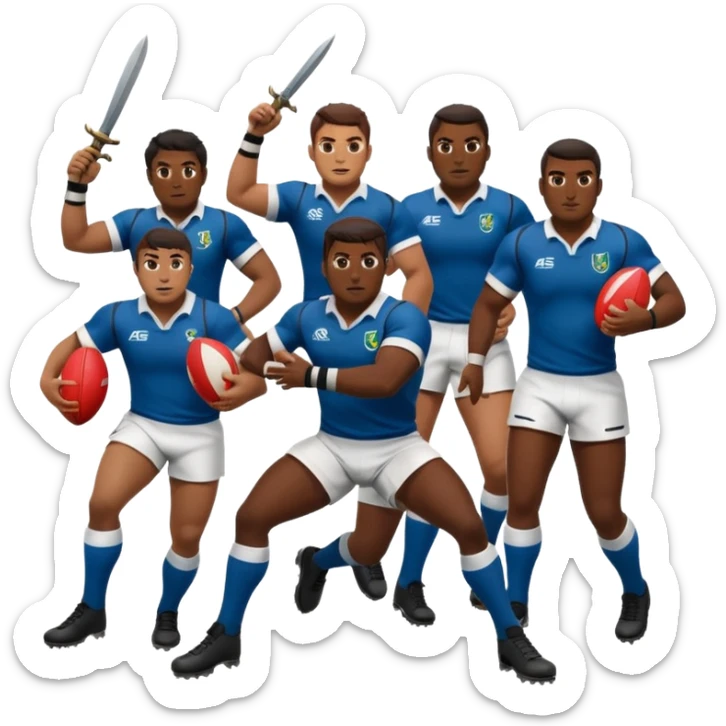 Batalla medieval protagonizada por jugadores y jugadoras de rugby con botas de rugby agarrando armamento y uno de ellos un balon sticker