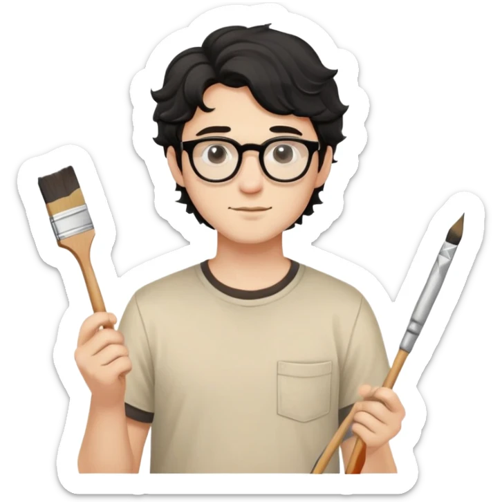 Young caucasian man with black wavy hair, round glasses, beige painting shirt, holding a square paintbrush sticker