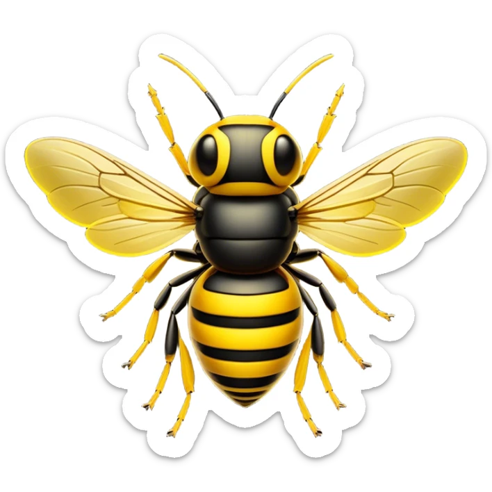 Cinematic Noble Hornet Portrait Emoji, Poised and intimidating, with a sleek, segmented body in bold yellow and black hues, sharp, focused eyes, and delicate, translucent wings, Simplified yet sharp and sophisticated features, highly detailed, glowing with a soft, insectile radiance, high shine, intelligent and formidable, stylized with an air of natural authority, focused and alert, soft glowing outline, capturing the essence of a watchful and confident hornet that appears ready to buzz out of the screen with effortless power! sticker