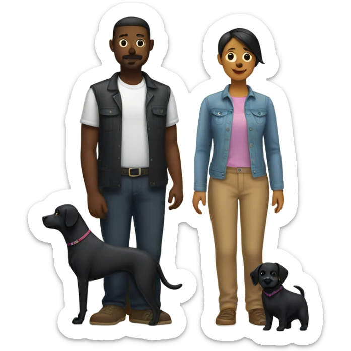 Lesbian woman and gay man stand next to a black dog sticker
