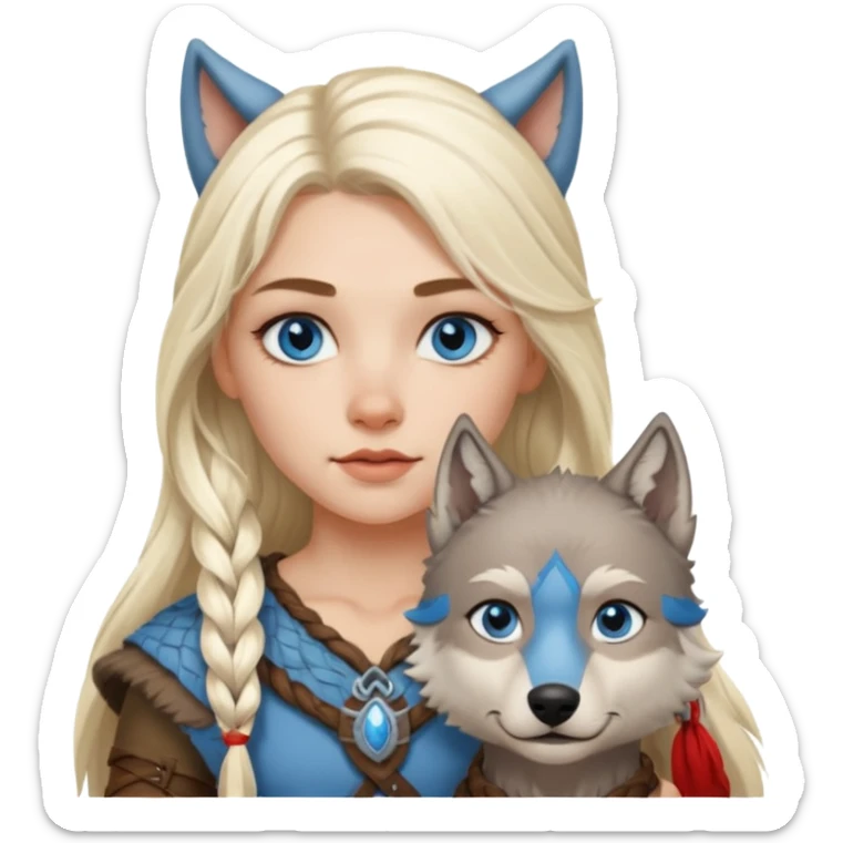 Viking platinum blonde girl with long hair, forelocks and blue eyes. Wolf pet sticker