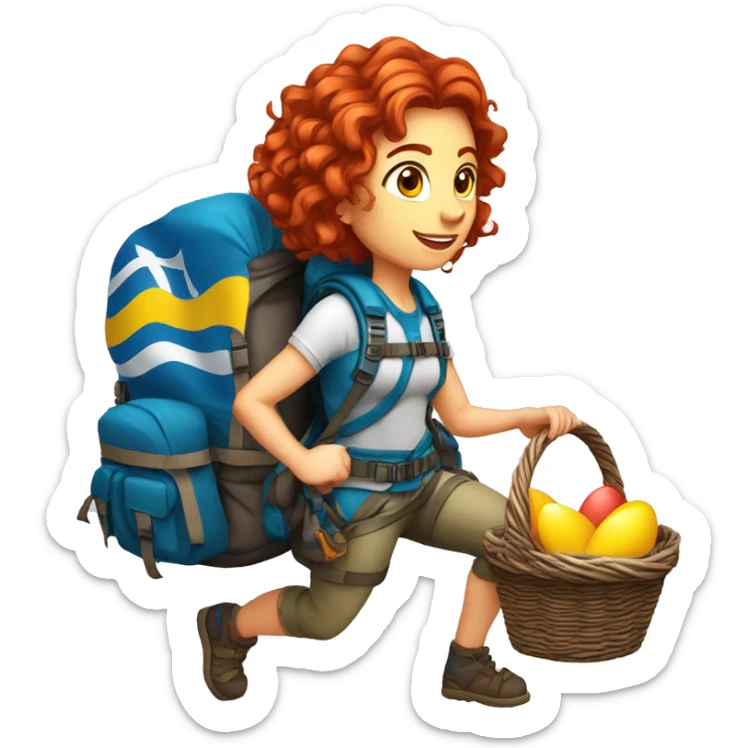 Female winter mountain climber red wavy hair climbing with Greek flag on backpack and holding Easter eggs basket sticker