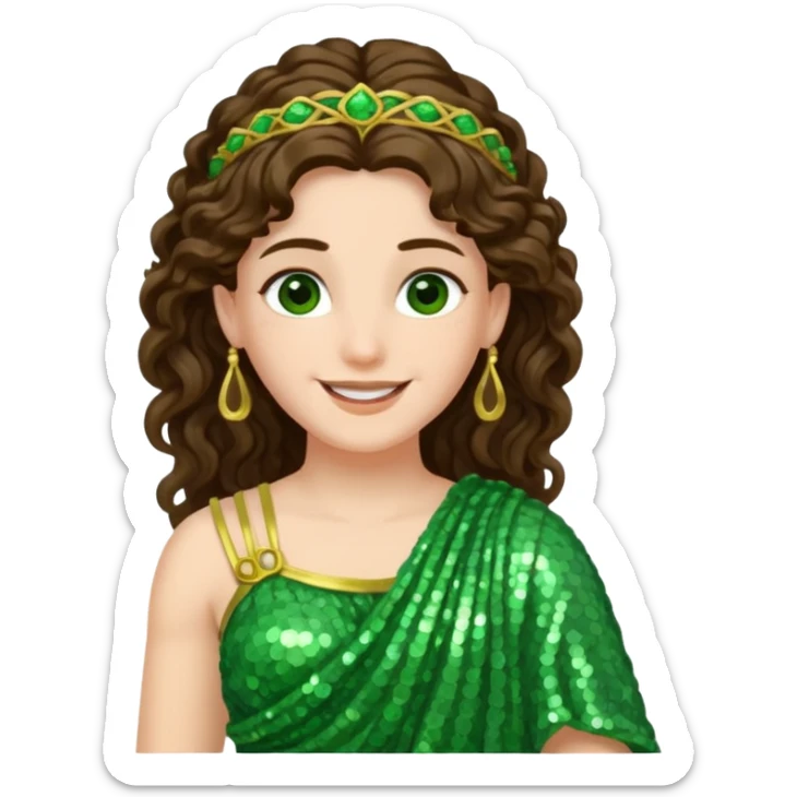 Juno, Goddess of Marriage from Roman Deities with long brunette wavy hair, green sequin toga sticker