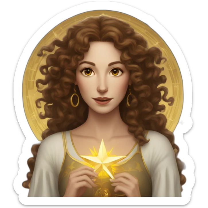 white woman with long brown curls and a tarot card with a golden star on it sticker