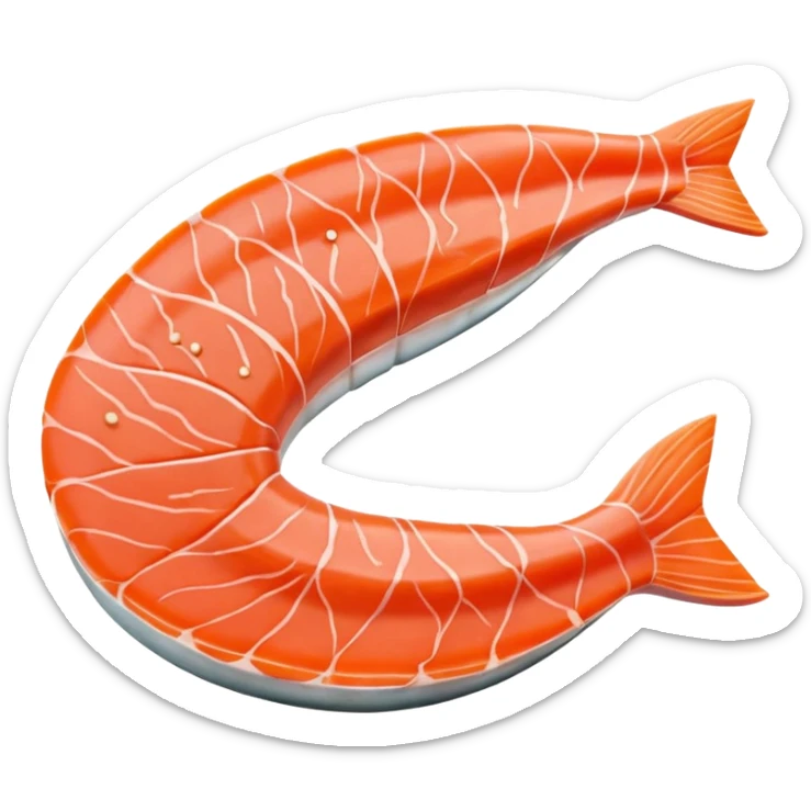raw salmon fillet, boneless, orange-pink, clean muscle lines, tapered, curved, moist smooth texture, fine fat layer, no skin, no lemon, no faces, clean 3D, soft shadows, transparent background, emoji scale sticker