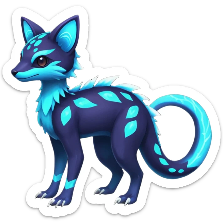 Rare realistic dark-neon glowing bioluminescent edgy badass epic pretty beautiful handsome gorgeous aesthetic colorful vibrant Vernid-Trico-species-Fakemon-creature by LiLaiRa, 4 legs, 1 tail, random markings, (full body) sticker