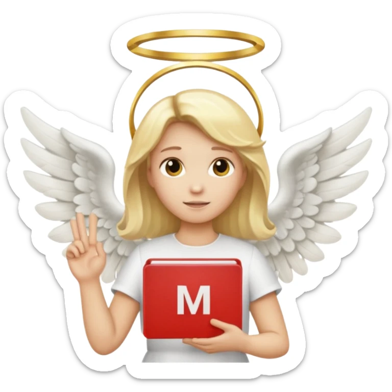 "An angel emoji with blonde hair, a halo, wings, holding a 'COMPARTILHAR' sign in bold letters." sticker