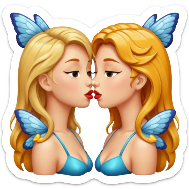 bust two women kissing honey gloss lips, wet hair, moth wings behind sticker