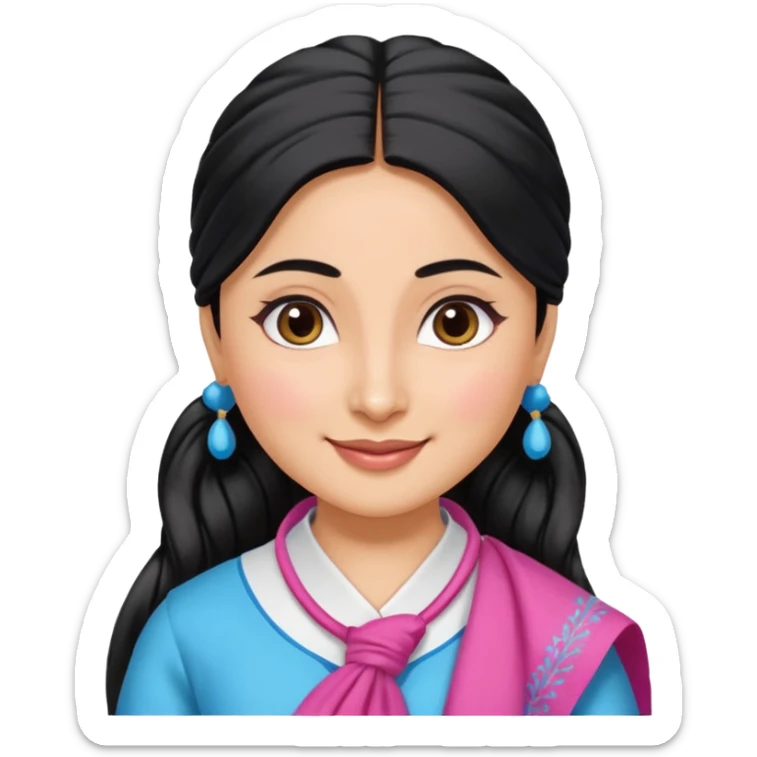 generate a pretty bratz emoji that looks like Kareena Kapoor's Geet character. 
Make her wear a white shirt with a colorful blue-pink dupatta wrapped around her neck. smiling big. Black hair tied into a side part ponytail

She should look like Kareena Kapoor sticker