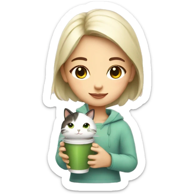 Cute girl holding a cat and cup of iced matcha  sticker