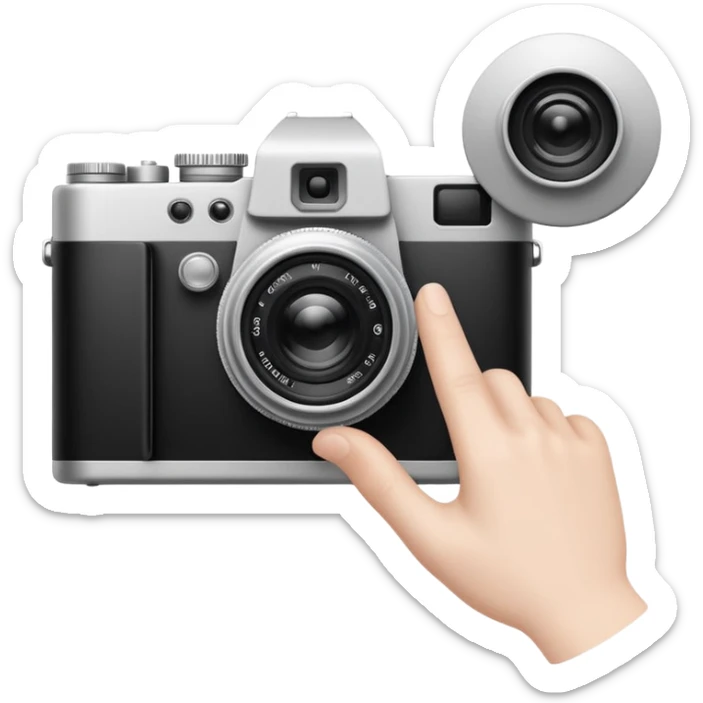 Minimalist emoji-style sticker of a photo camera ejecting a photo, but a hand comes out instead. Black and white, surreal icon.
 sticker