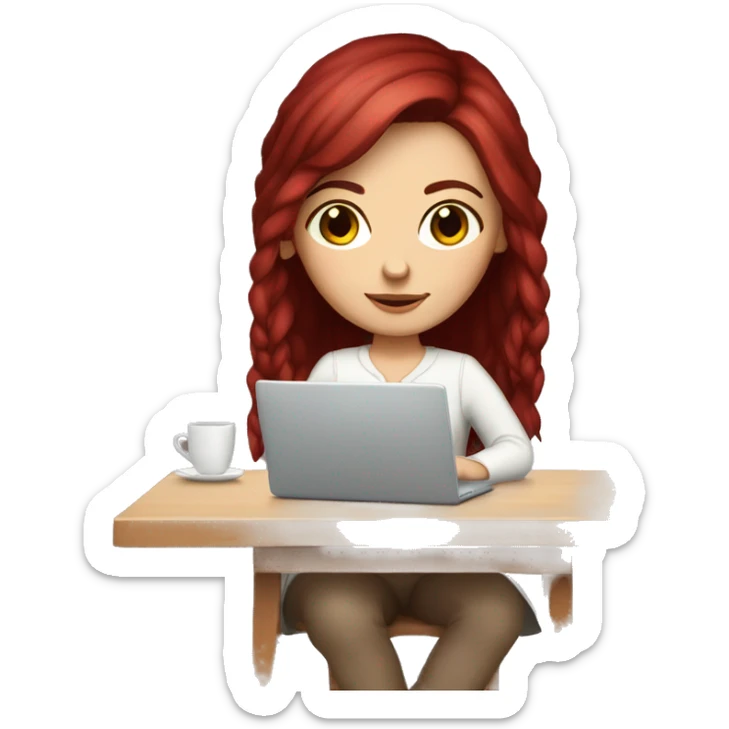 Slavic white girl with burgundy hair and brown eyes with laptop on the table  sticker