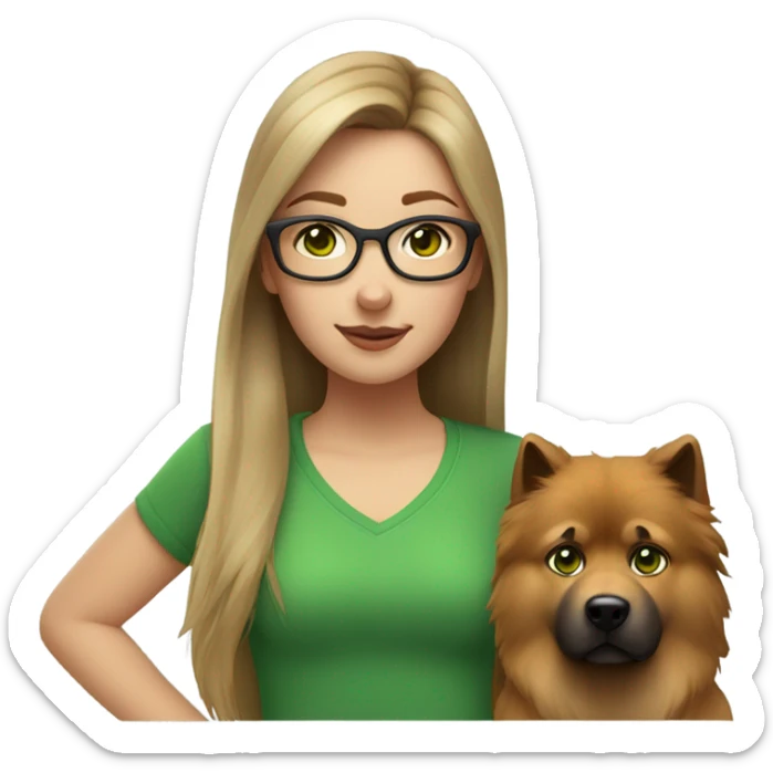Brown light hair Girl aux Green eyes with glasses Green eyes and eurasier dog  sticker