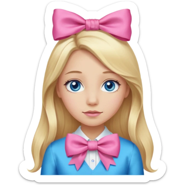 blonde girl long hair middle part, blue eyes,at with a bow sticker