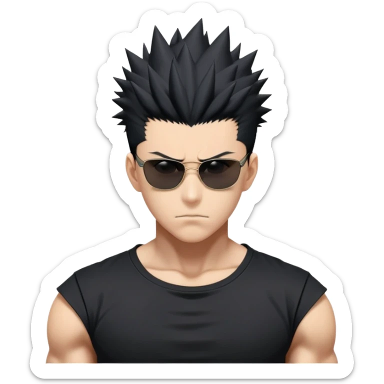 Satoru Gojo from Jujutsu Kaisen with spiky black hair, wearing form-fitting black t-shirt showing muscular build, confident expression, sunglasses on top of head sticker