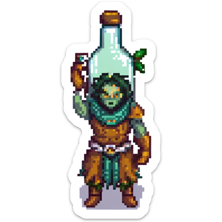 Final Fantasy spriggan holding a bottle of Fantasia, detailed and cute pixel art style sticker