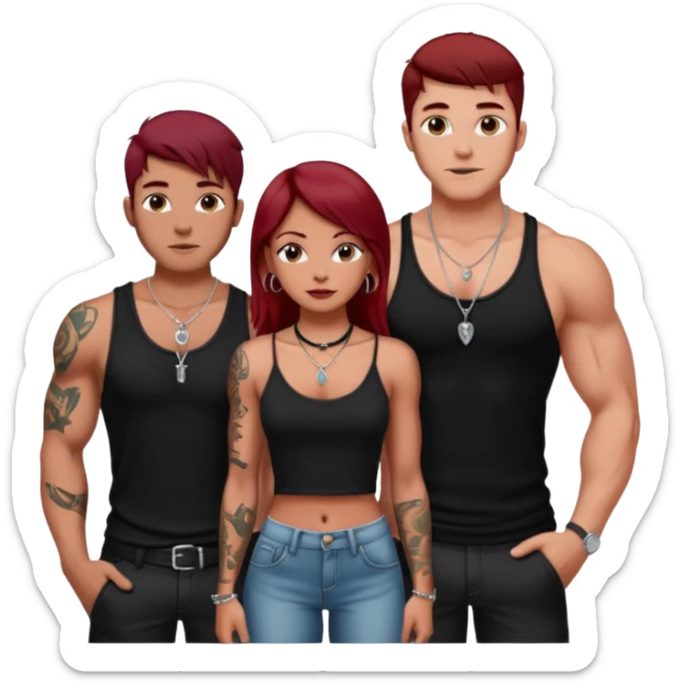 a pretty bratz fair girl with dark red straight hair, black cami top, silver dainty necklaces, rings, hoops, tattoos standing with two handsome lean but muscled guys sticker