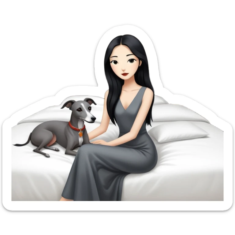 Very thin Chinese woman with long black hair relaxing in a luxurious hotel suite with exactly ONE whippet dog. EXTREME IMPORTANCE: the whippet must be ONE SOLID VERY DARK CHARCOAL GREY COLOR from nose to tail with ABSOLUTELY NO WHITE MARKINGS anywhere - NO white on face, NO white on muzzle, NO white on chest, NO white on paws, NO white on tail - NOTHING BUT A SINGLE SHADE OF VERY DARK GREY throughout the entire animal sticker