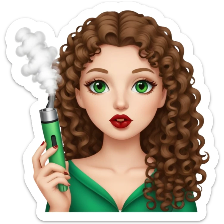 White girl with castani curly long hair grüne Augen , braunes Lip liner , Mascara , vape, italian ,kiss emoji sticker
