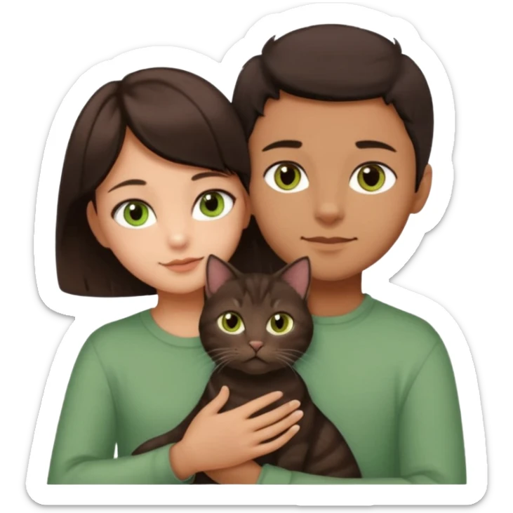 Crea un emoji donde salga un chico de pelo moreno con los ojos claros, una chica de pelo morena con los ojos marrones y UN gato europeo comun de pelaje marron oscuro y ojos verde claro, quiero que se esten abrazando el chico y la chica, y el gato este en el medio de los dos sticker