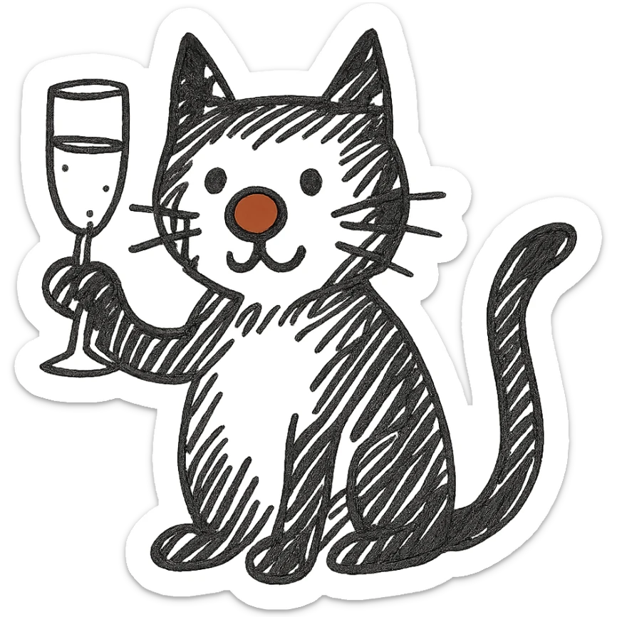 black cat with a red clown nose and a champagne glass, hand-drawn and quirky sticker