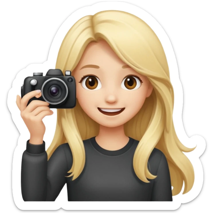 blonde girl photographer cartoon taking picture in middle of taking picture camera in front of face long hair smiling funny flash professional camer sticker