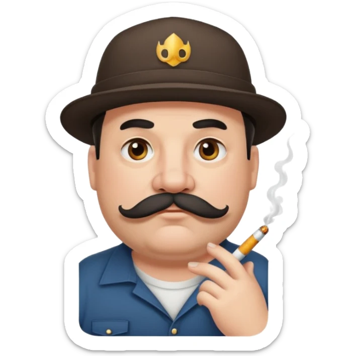a fat father in a flat-brimmed cap with a tattoo, a cigarette in his mouth, and a mustache. sticker