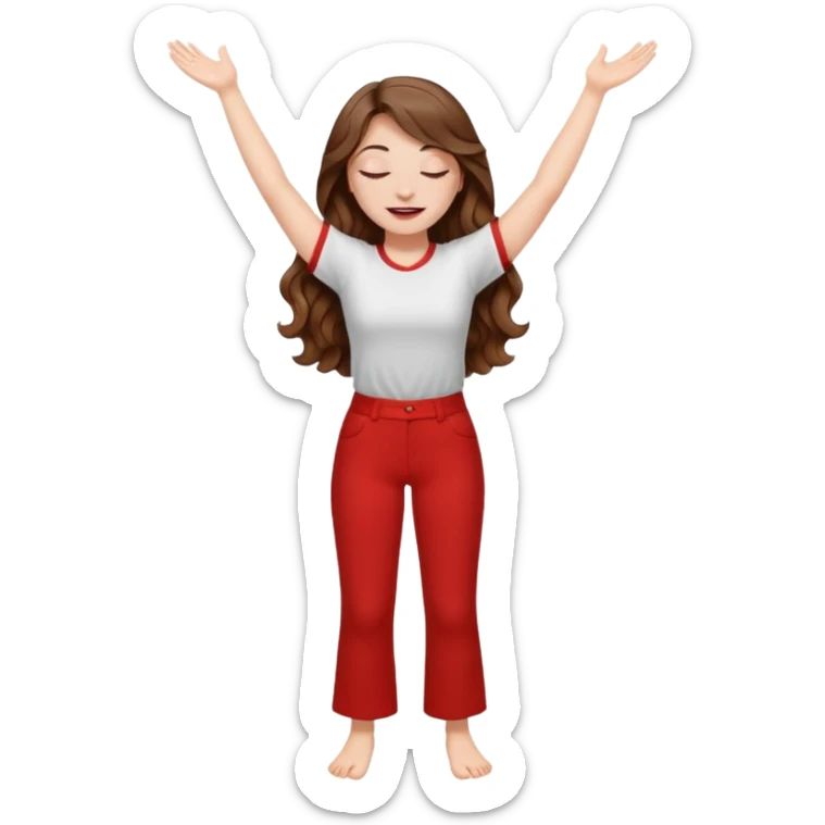 crie uma menina branca com cabelos castanhos longos ondulados, uma roupa de calça e blusa de manga curta na cor vermelho, com braços juntos para cima, olhos fechados e perna levantada. a manga é curta mostra os braços sticker